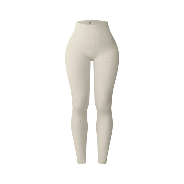 beige high waist ribbed classic gym leggings to perfectly shape and sculpt the waist and booty during intense leg or core days in the gym