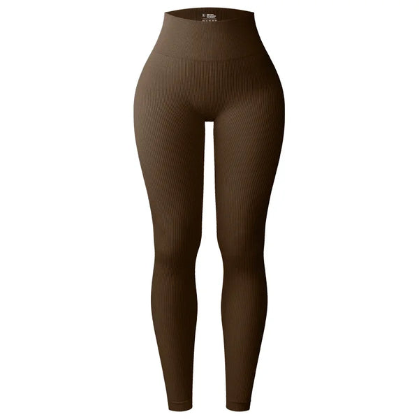 Brown high waist ribbed classic gym leggings to perfectly shape and sculpt the waist and booty during intense leg or core days in the gym