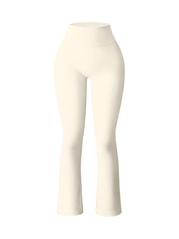 Beige high waist ribbed flared leggings to perfectly shape and sculpt the legs during intense leg days in the gym or general training sessions