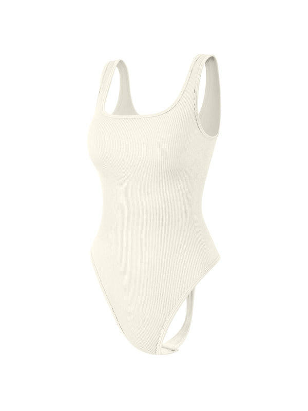 beige ribbed sleeveless sports bodysuit designed for extreme comfort and confidence in the gym allowing for huge freedom of movement during training