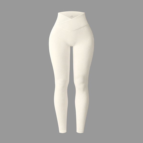 Beige v waist ribbed leggings to perfectly shape and sculpt the legs and core during intense leg days in the gym or general training sessions