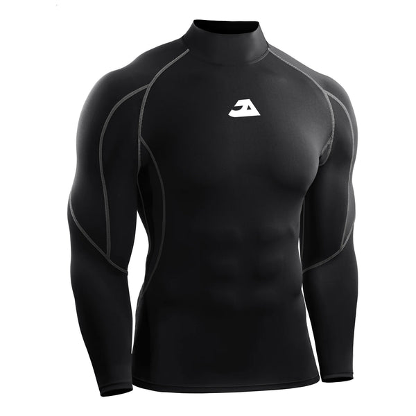 men's black and grey seamed long sleeve compression gym shirt for workouts and training
