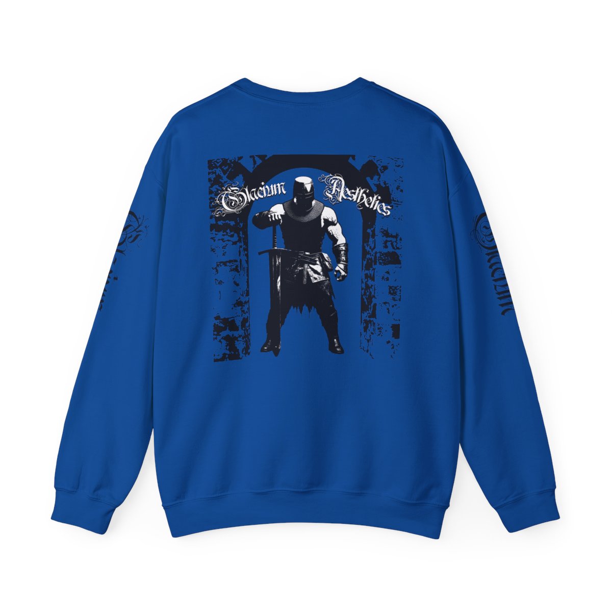 Blue crew-neck sweatshirt pump cover for the gym from the Crusader Series collection, featuring a heavy blend fabric and 'In The Way' design