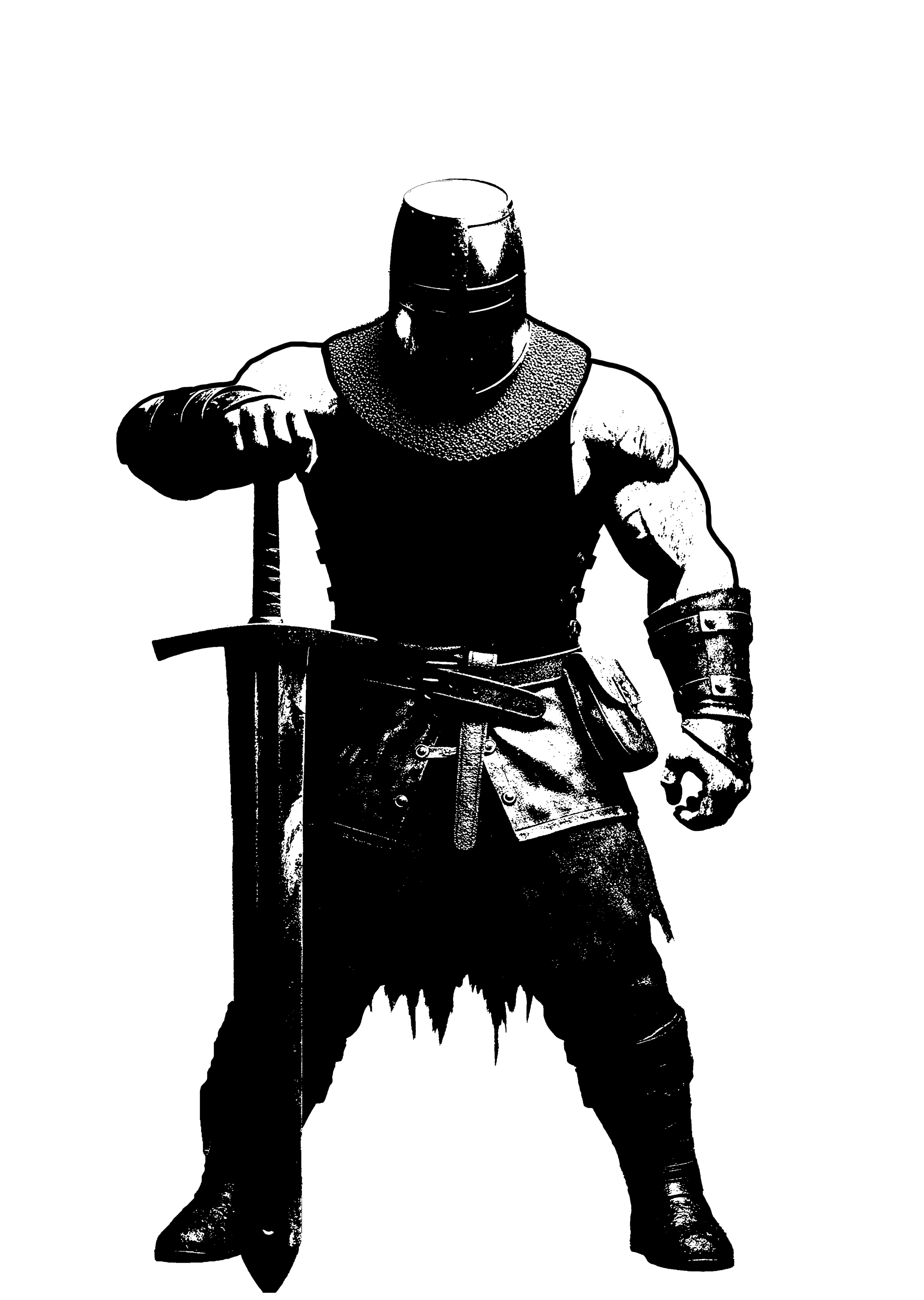 'In The Way' design for the glacium aesthetics crusader series collection, featuring a muscular medieval solider with a crusader helmet, holding a large sword as the tip of the sword rests on the ground