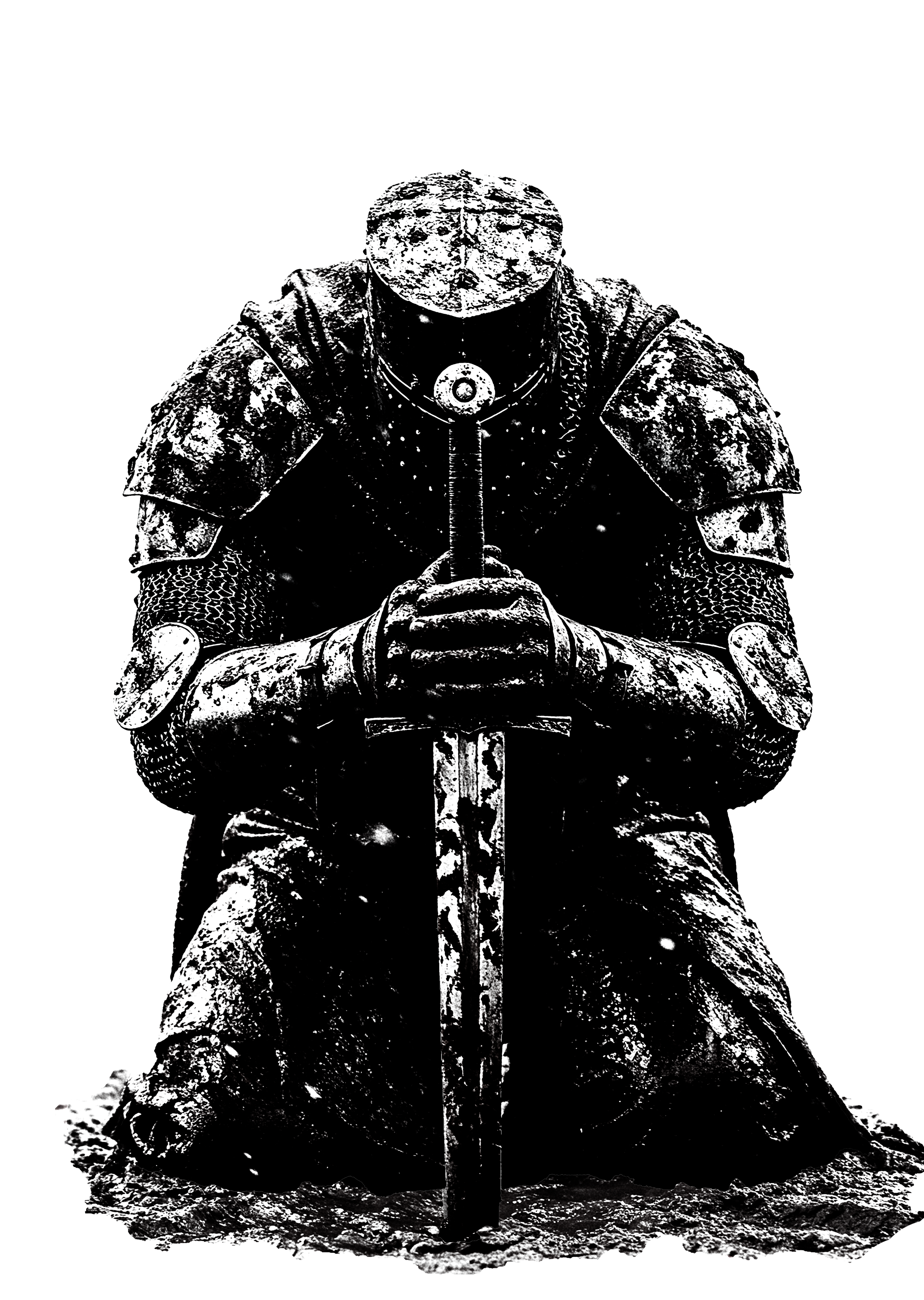 'From The Ashes' design for the glacium aesthetics crusader series collection, featuring a crusader on his knees, wresting his head on his sword which is driven into the ground in front of him