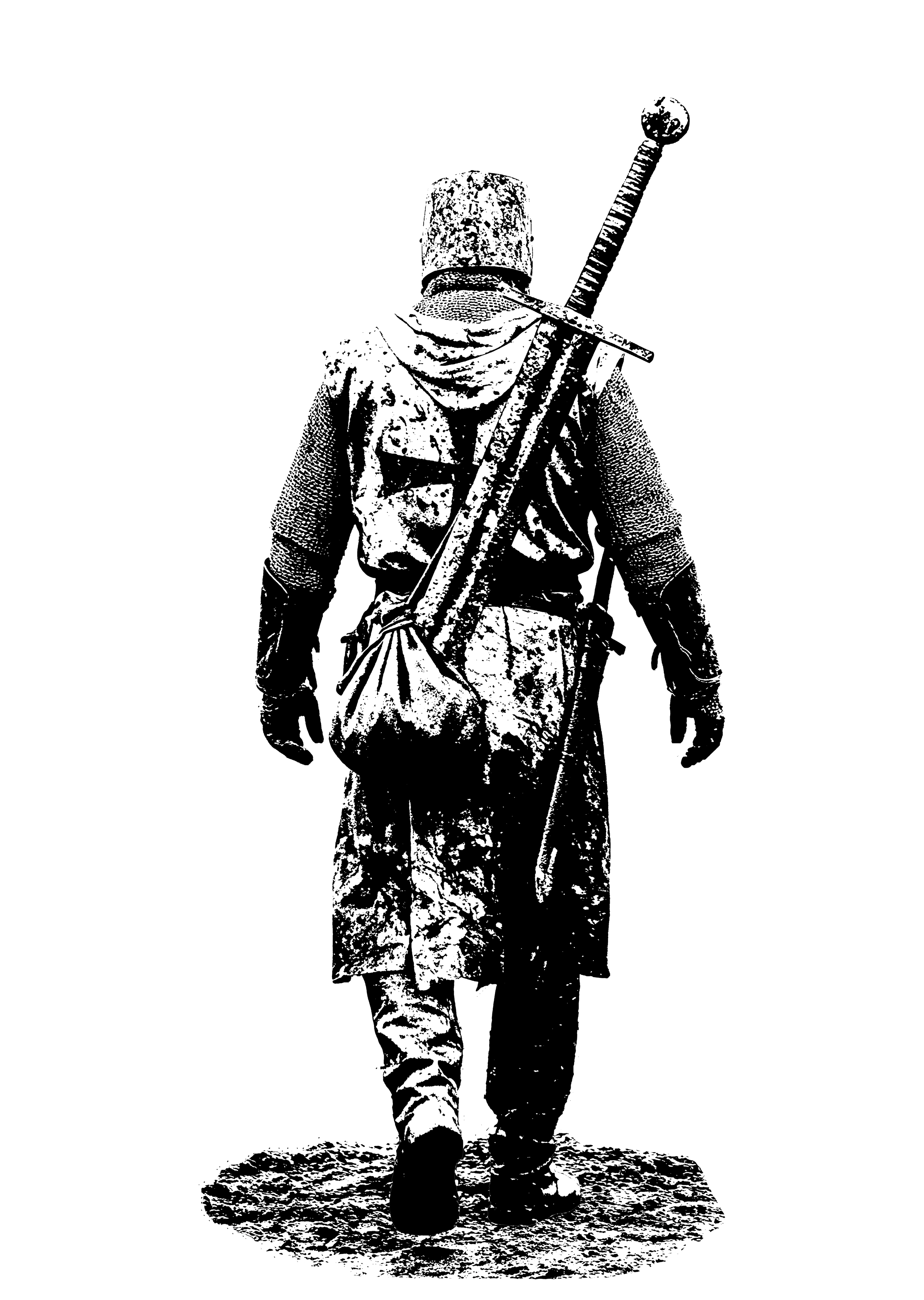 'Out Unscathed' design for the glacium aesthetics crusader series collection, featuring a crusader waling away from a battle field with a large sword and pouch strapped to the back of him