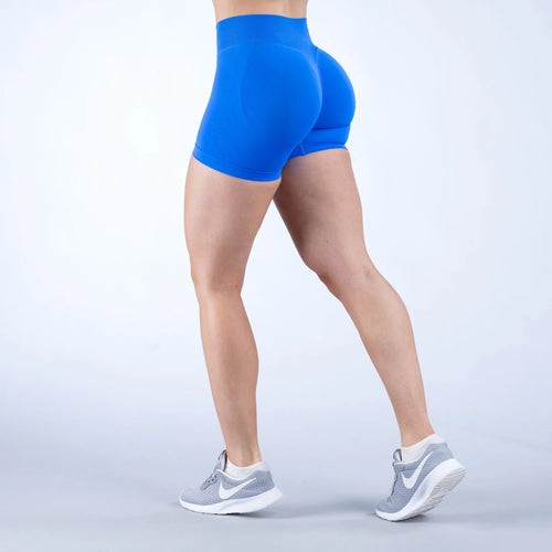 High waist seamless glacial blue colored impact gym shorts with Scrunch Fit to shape and define the booty pump