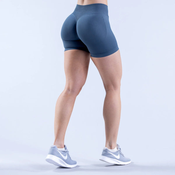 High waist seamless grey/blue colored impact gym shorts with Scrunch Fit to shape and define the booty pump