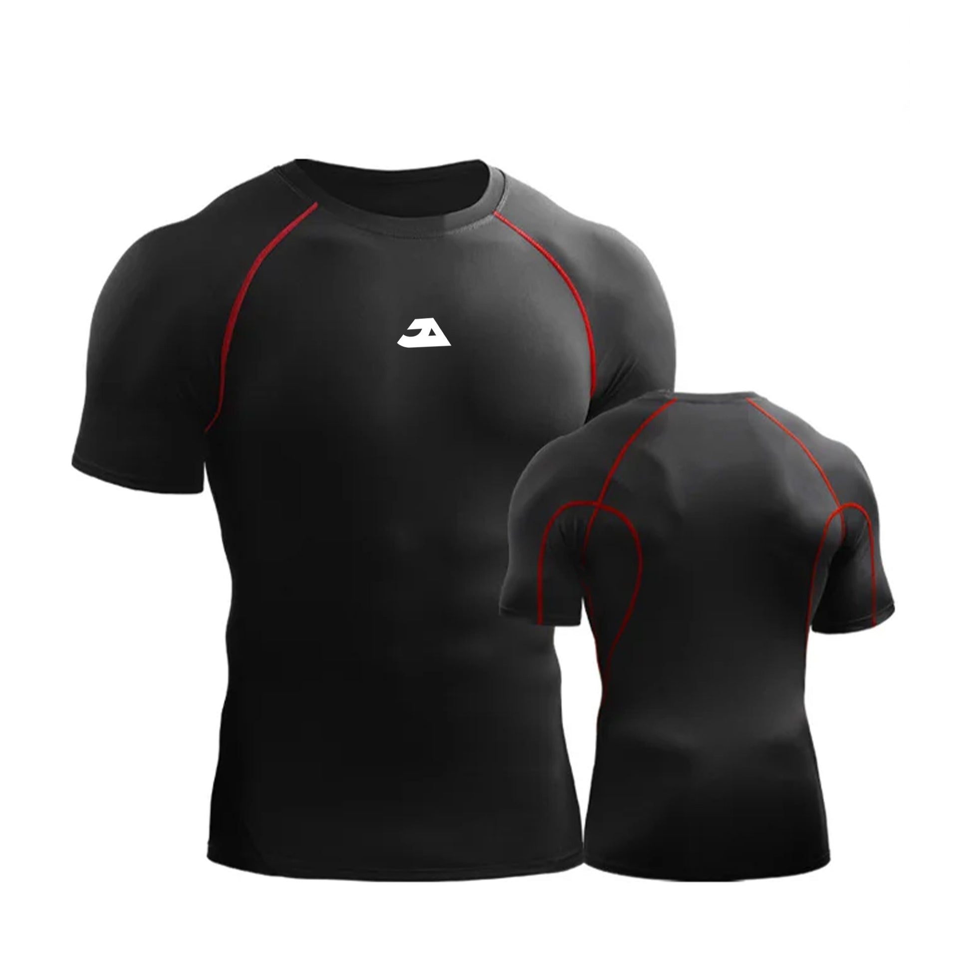 Men's black and red short sleeve compression gym shirt for workouts and training