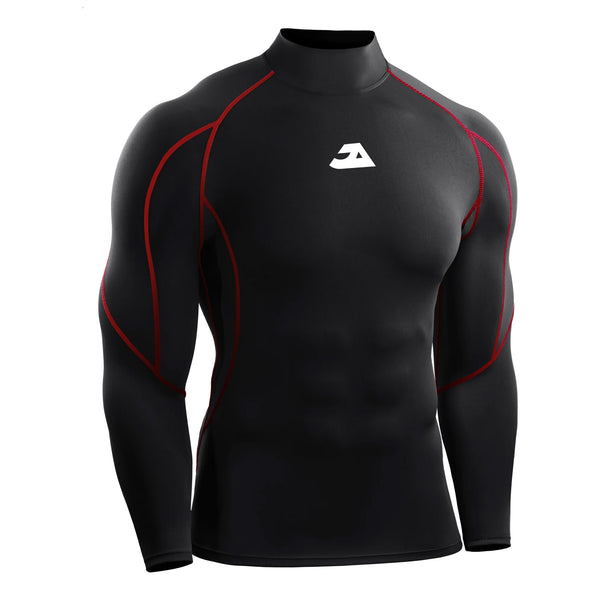 Men's black and red long sleeve compression gym shirt for workouts and training
