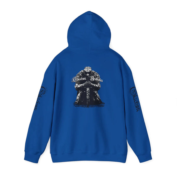 Blue hoodie pump cover for the gym from the Crusader Series collection, featuring a heavy blend fabric and 'From The Ashes' design