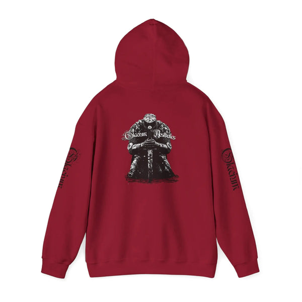 red hoodie pump cover for the gym from the Crusader Series collection, featuring a heavy blend fabric and 'From The Ashes' design