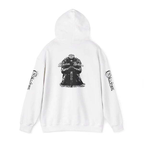 White hoodie pump cover for the gym from the Crusader Series collection, featuring a heavy blend fabric and 'From The Ashes' design