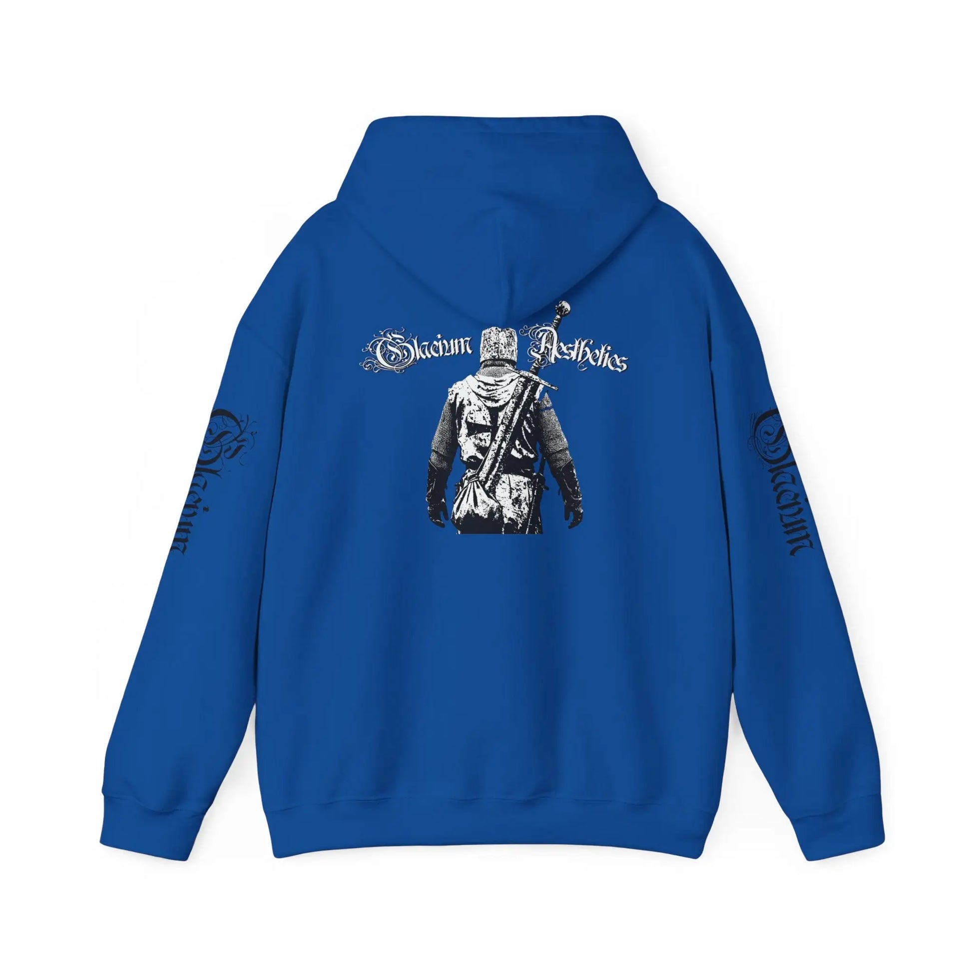 blue hoodie pump cover for the gym from the Crusader Series collection, featuring a heavy blend fabric and 'Out Unscathed' design