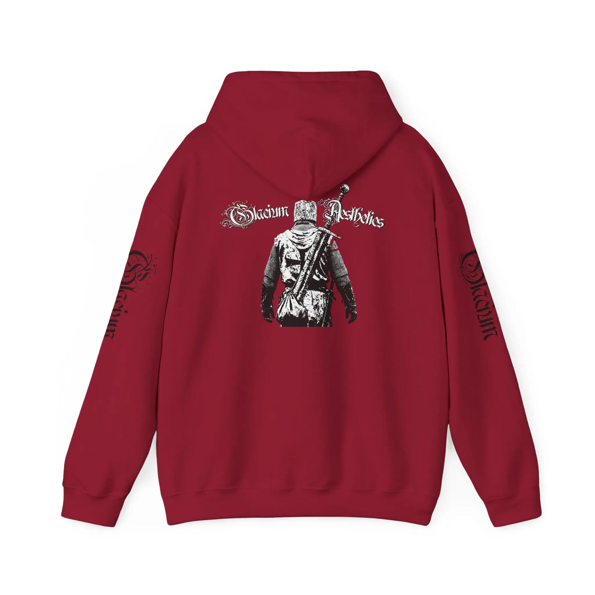 Red hoodie pump cover for the gym from the Crusader Series collection, featuring a heavy blend fabric and 'Out Unscathed' design