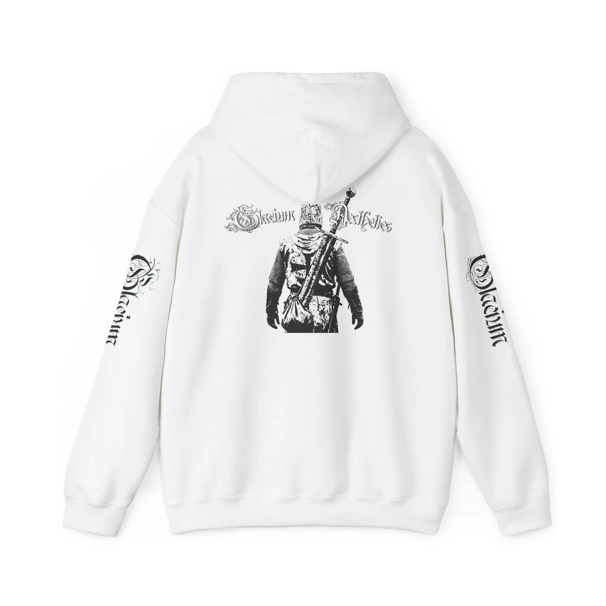 white hoodie pump cover for the gym from the Crusader Series collection, featuring a heavy blend fabric and 'Out Unscathed' design