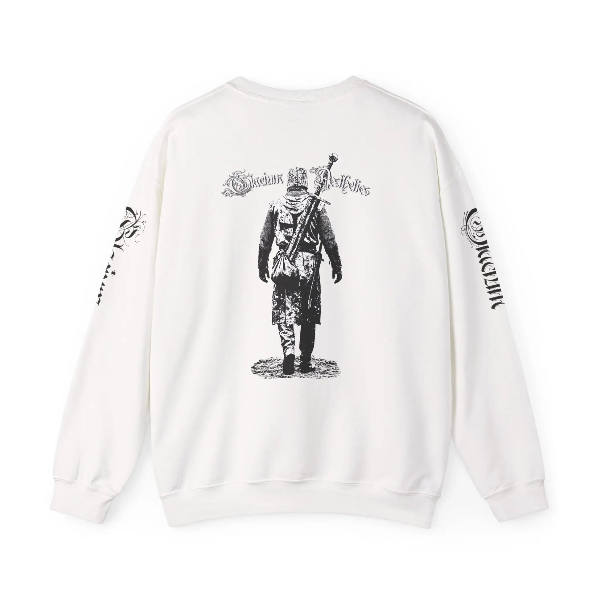White sweatshirt pump cover for the gym from the Crusader Series collection, featuring a heavy blend fabric and 'Out Unscathed' design