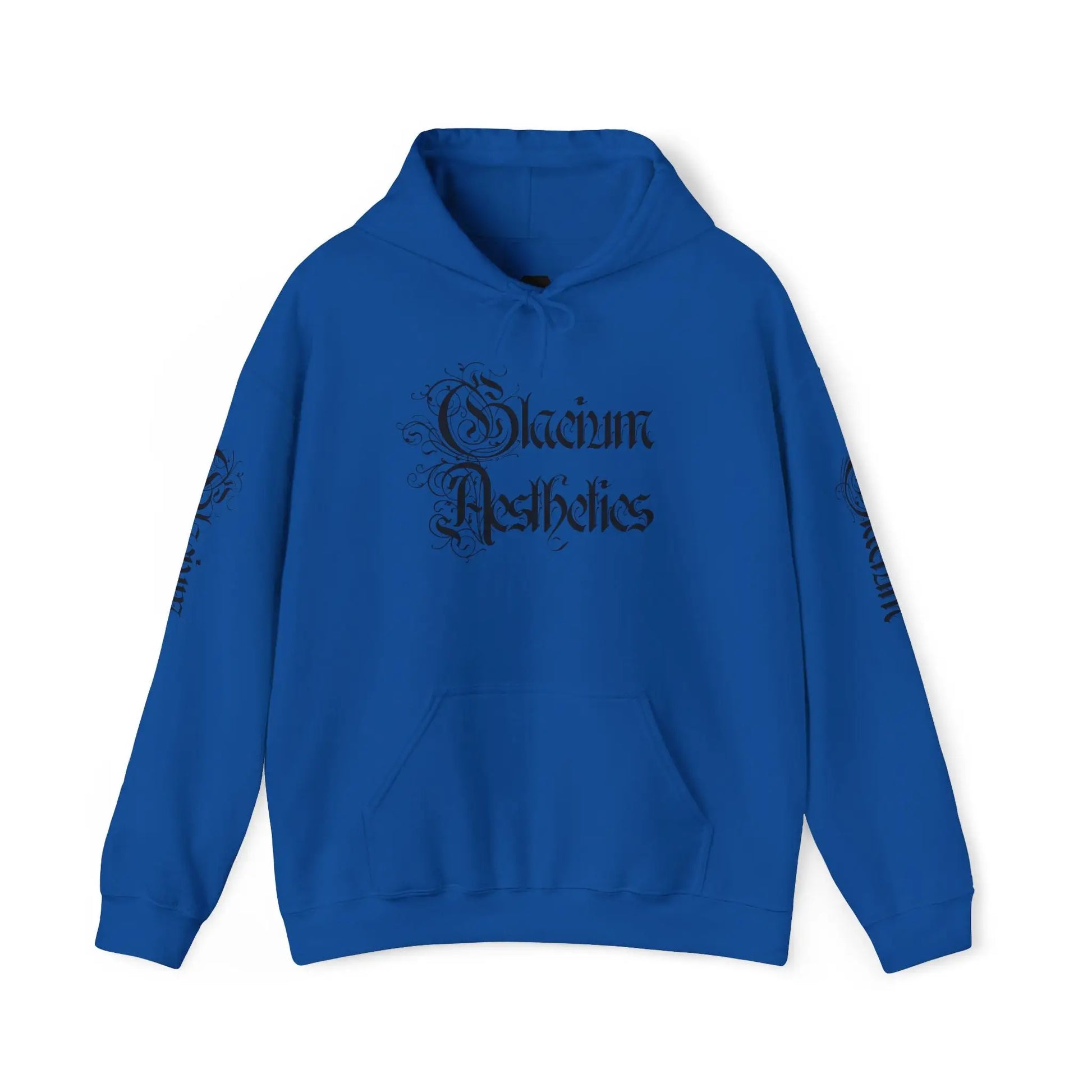 Front of blue hoodie pump cover for the gym from the Crusader Series collection, featuring a heavy blend fabric
