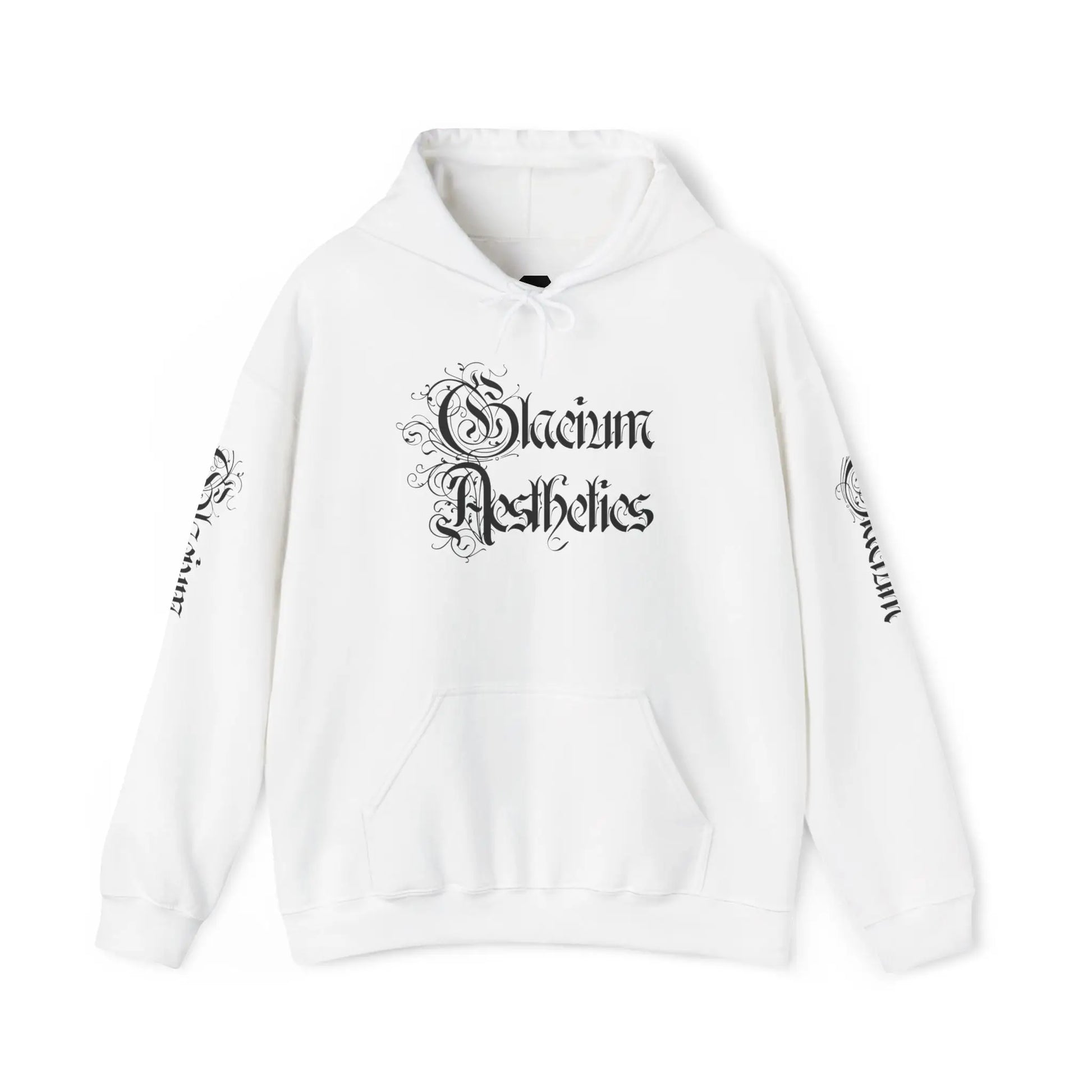 Front of white hoodie pump cover for the gym from the Crusader Series collection, featuring a heavy blend fabric