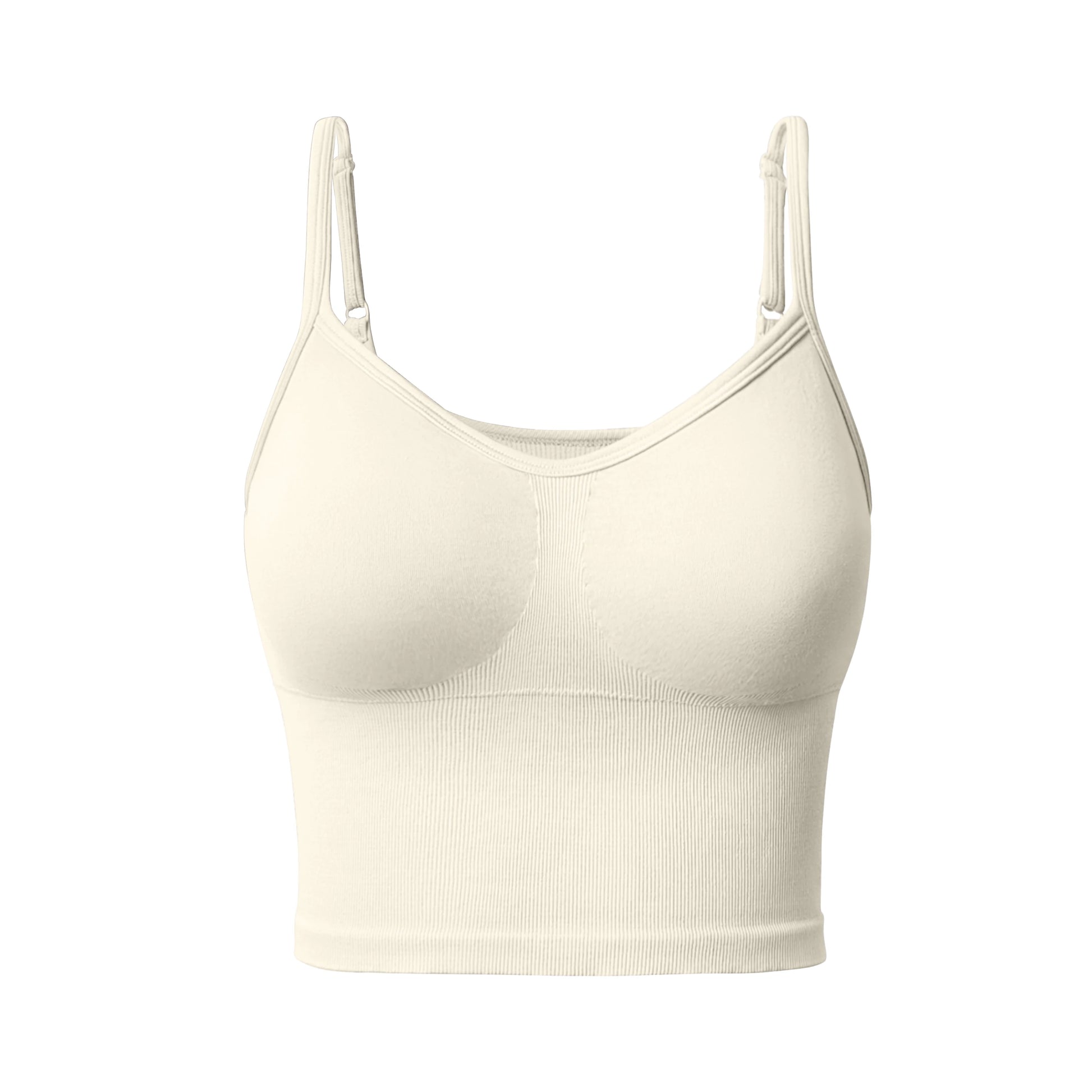 Beige ribbed sports bra designed to perfectly hug and hold during intense gym and training sessions