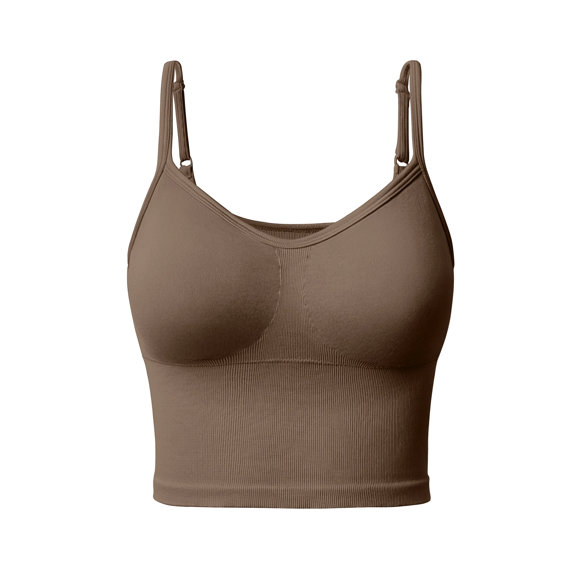 Brown ribbed sports bra designed to perfectly hug and hold during intense gym and training sessions