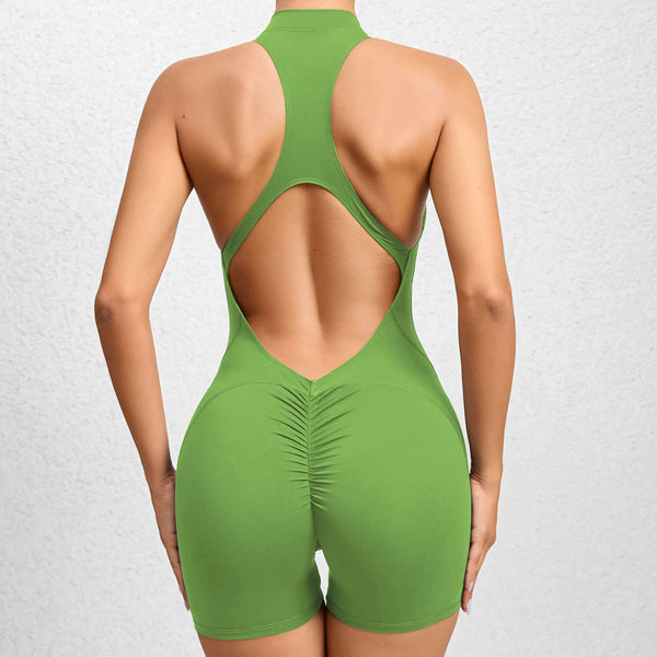 green backless sleeveless sports short jumpsuit with front zipper designed for extreme comfort and confidence in the gym allowing for huge freedom of movement during training