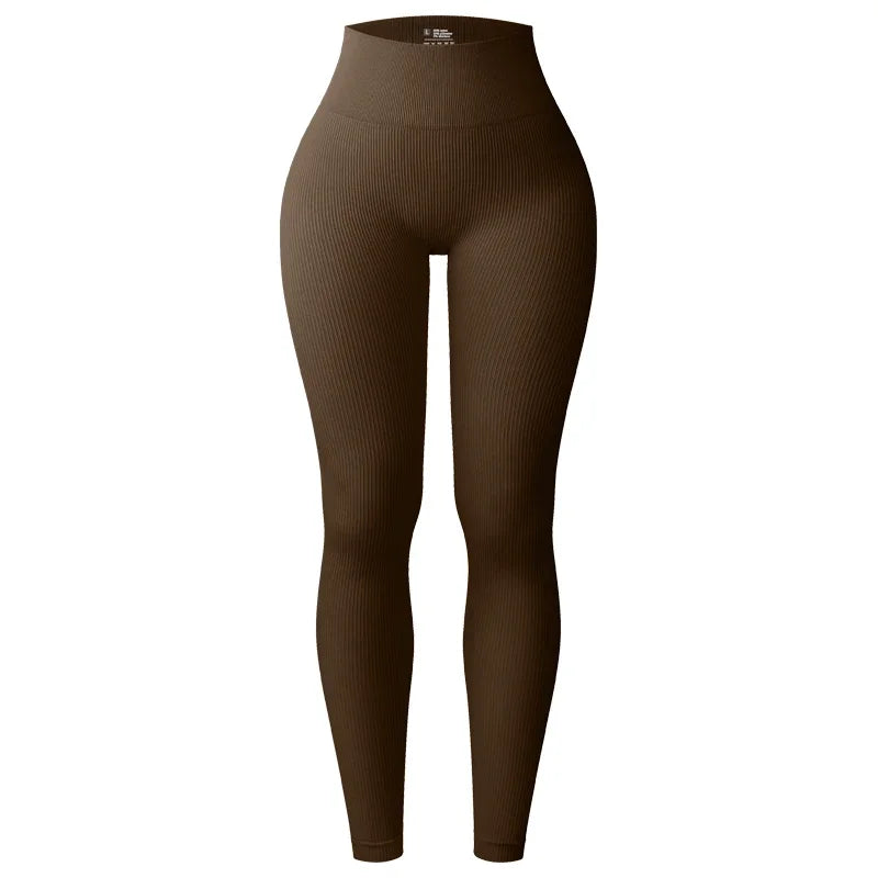 Brown high waist ribbed classic gym leggings to perfectly shape and sculpt the waist and booty during intense leg or core days in the gym