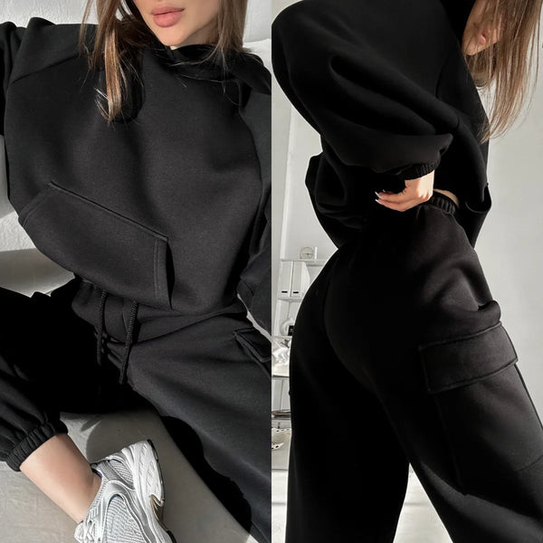 Hoodie cargo and jogger 2 piece black gym set for women for comfort in the gym though workouts