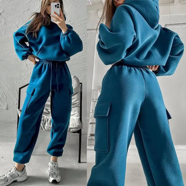 Hoodie cargo and jogger 2 piece blue gym set for women for comfort in the gym though workouts