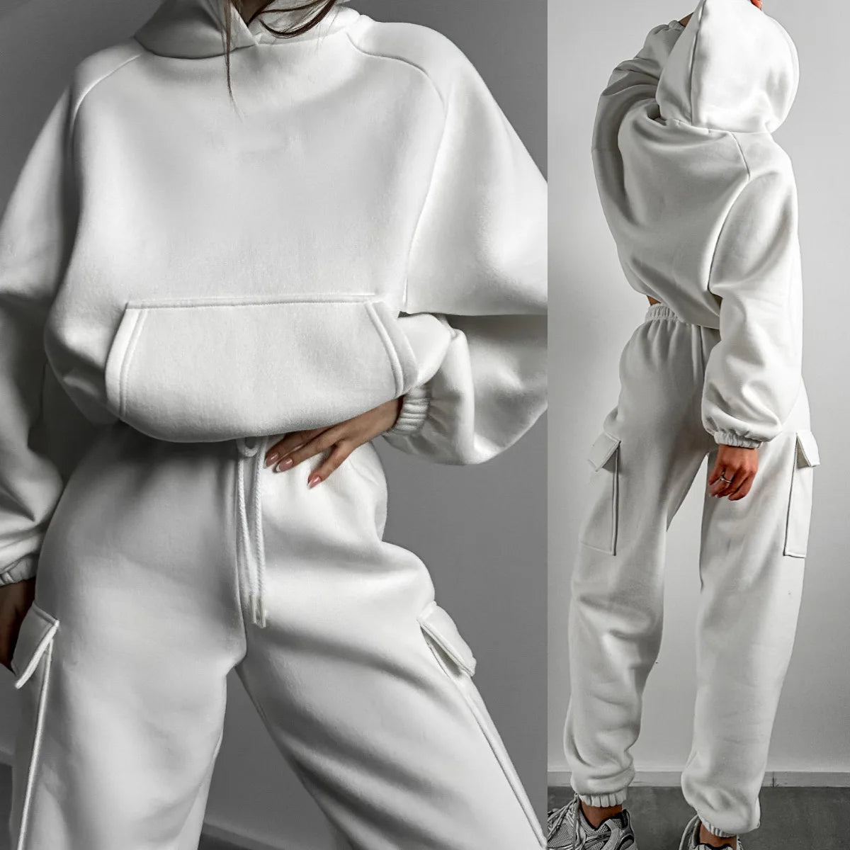 Hoodie cargo and jogger 2 piece white gym set for women for comfort in the gym though workouts