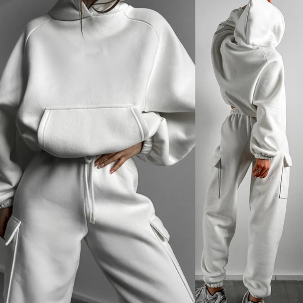 Hoodie cargo and jogger 2 piece white gym set for women for comfort in the gym though workouts