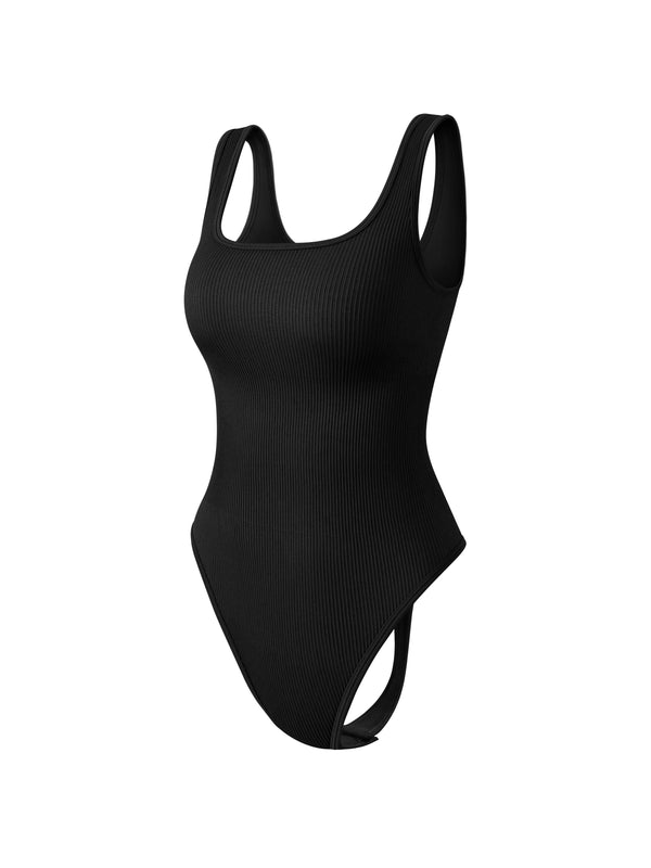 Black ribbed sleeveless sports bodysuit designed for extreme comfort and confidence in the gym allowing for huge freedom of movement during training