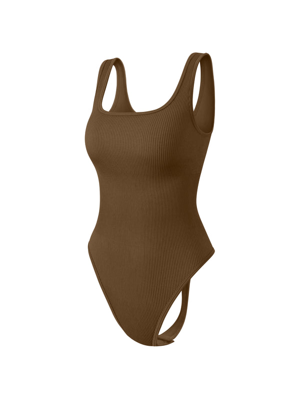 Brown ribbed sleeveless sports bodysuit designed for extreme comfort and confidence in the gym allowing for huge freedom of movement during training
