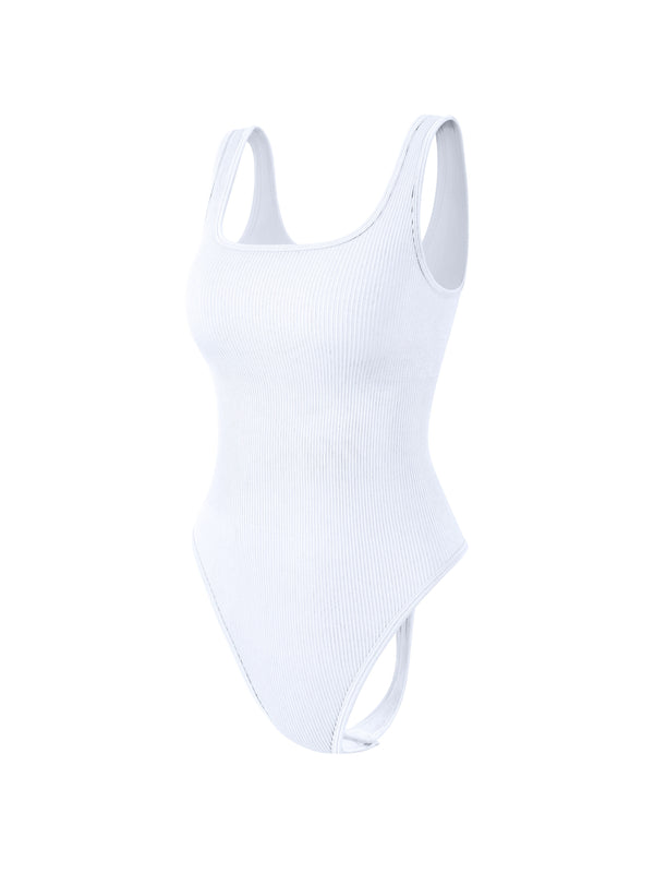 white ribbed sleeveless sports bodysuit designed for extreme comfort and confidence in the gym allowing for huge freedom of movement during training