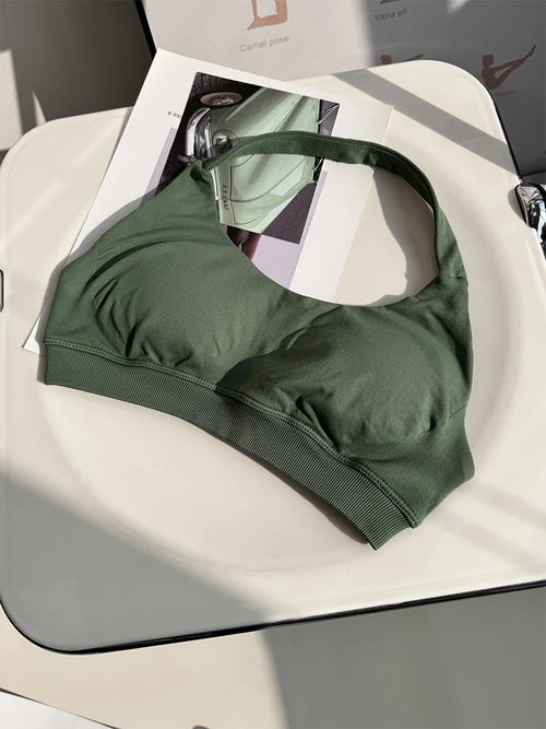 Pistachio green impact sports bra designed to comfortably hug and hold, its backless design allows you to show of that vicious lat pump during upper body training days