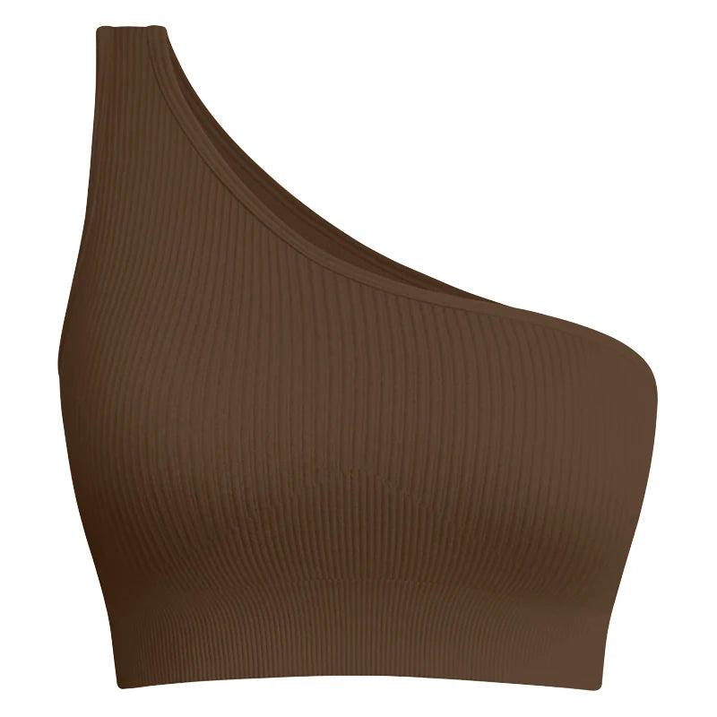 Brown ribbed sports bra with a single shoulder strap designed for freedom during intense gym and training sessions
