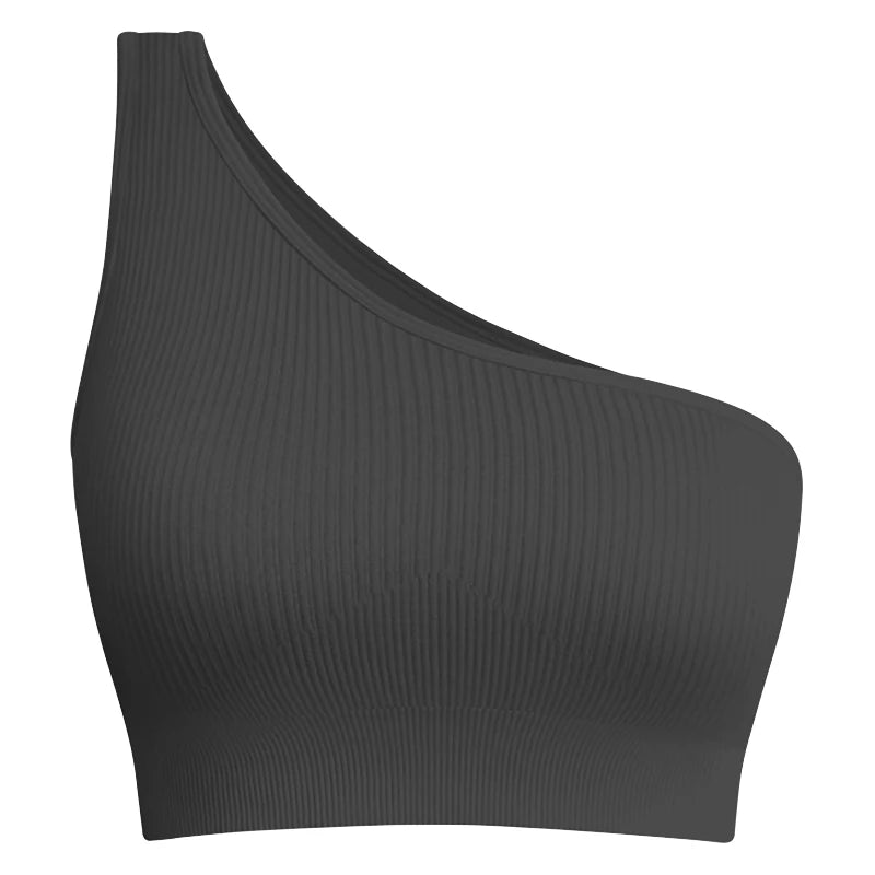 Black ribbed sports bra with a single shoulder strap designed for freedom during intense gym and training sessions