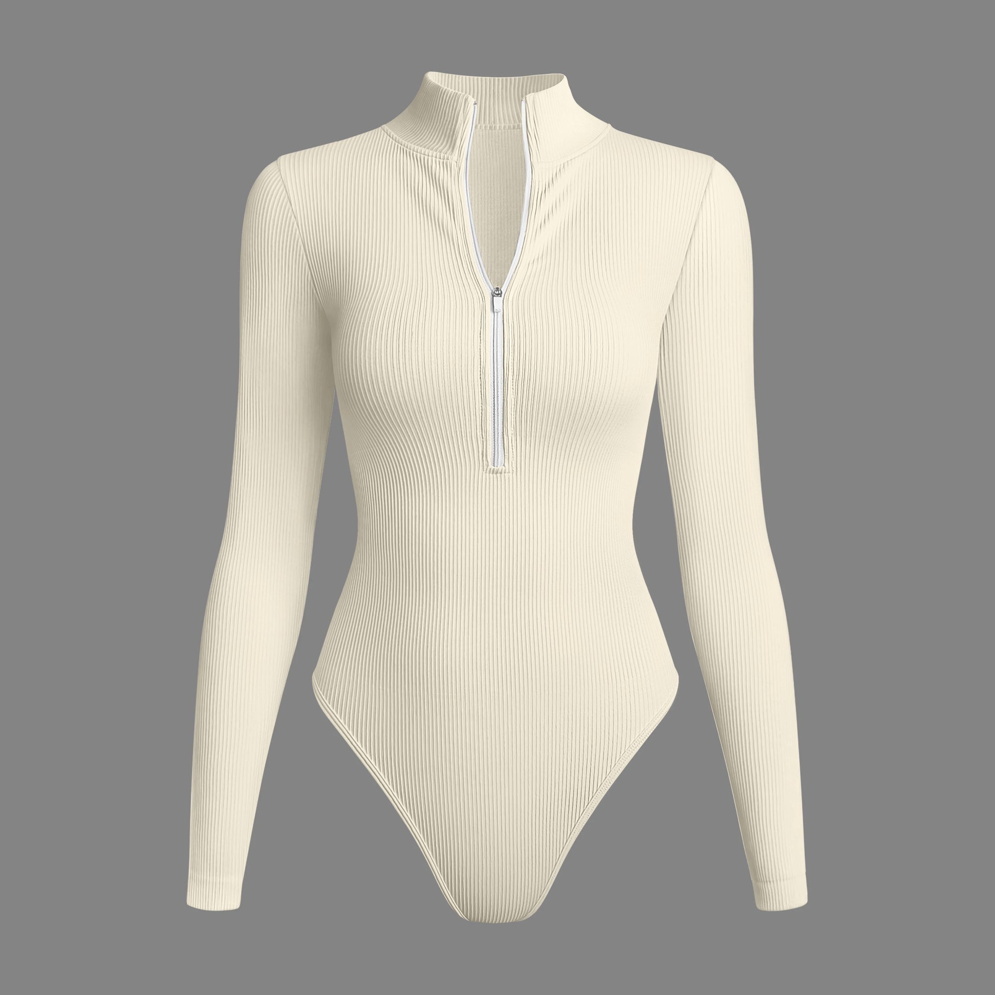 Beige ribbed sleeved high-neck sports bodysuit with front zipper designed for extreme comfort and confidence in the gym allowing for huge freedom of movement during training