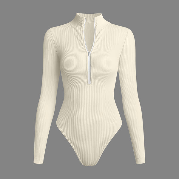 Beige ribbed sleeved high-neck sports bodysuit with front zipper designed for extreme comfort and confidence in the gym allowing for huge freedom of movement during training