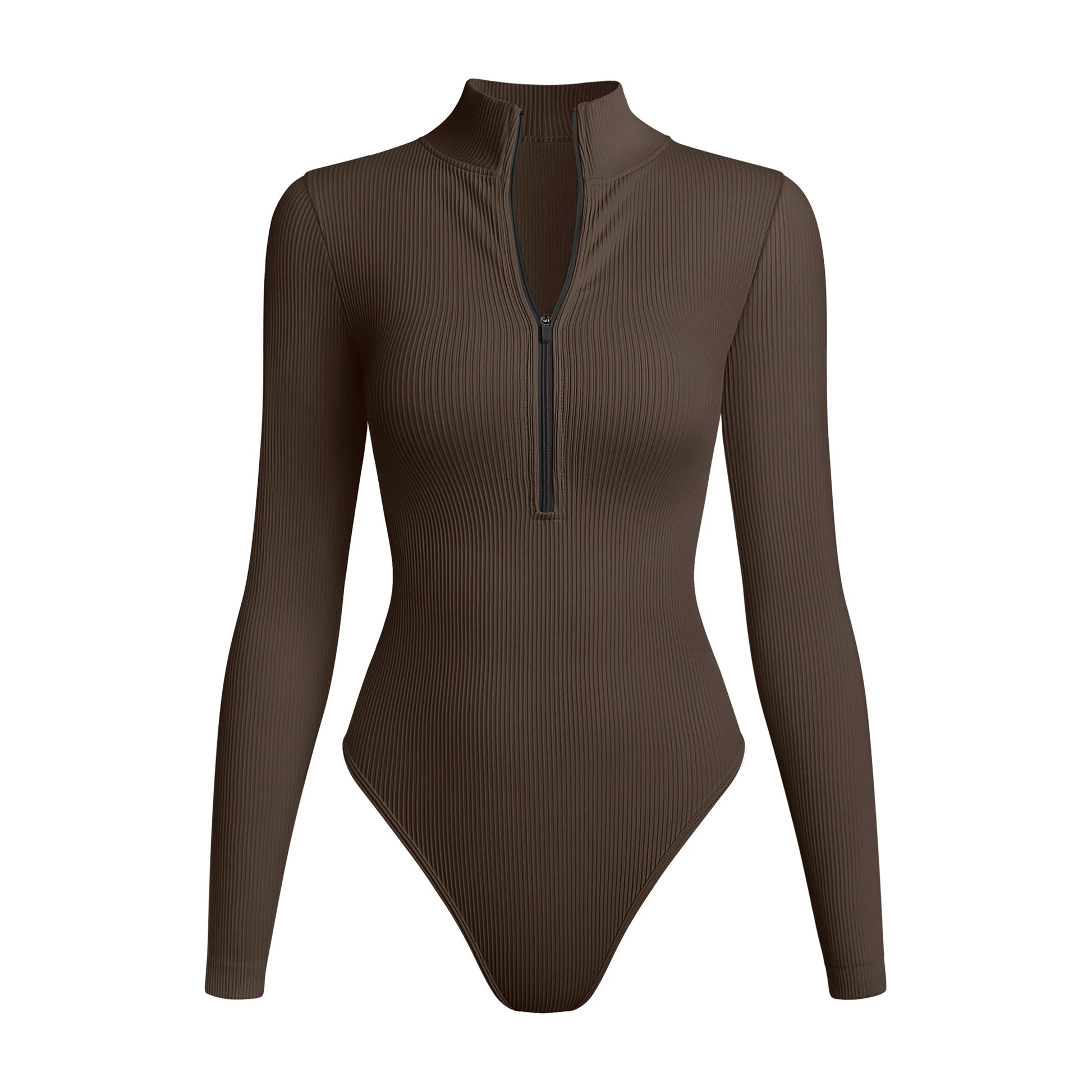Brown ribbed sleeved high-neck sports bodysuit with front zipper designed for extreme comfort and confidence in the gym allowing for huge freedom of movement during training
