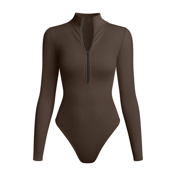 Brown ribbed sleeved high-neck sports bodysuit with front zipper designed for extreme comfort and confidence in the gym allowing for huge freedom of movement during training