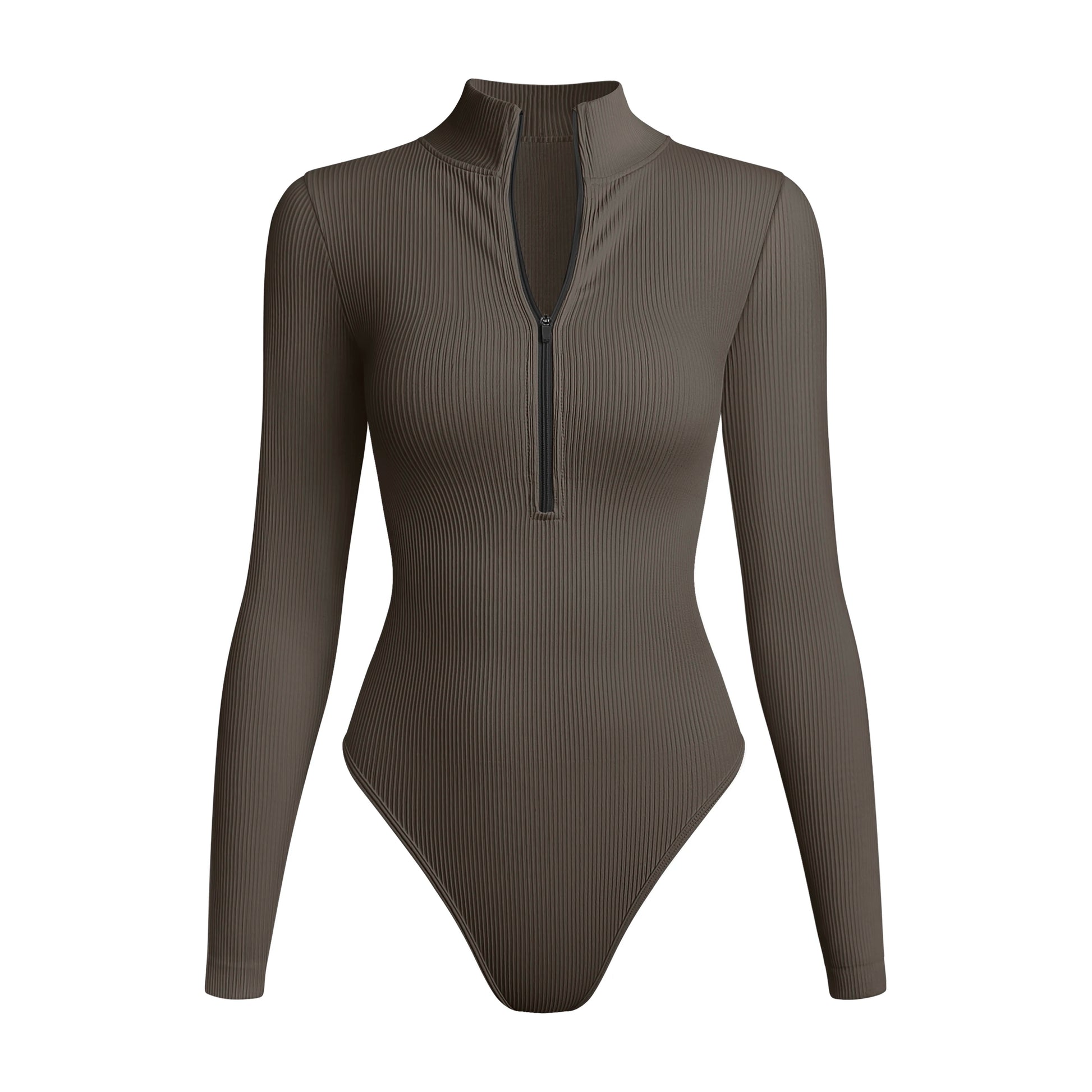 Tealeaf ribbed sleeved high-neck sports bodysuit with front zipper designed for extreme comfort and confidence in the gym allowing for huge freedom of movement during training